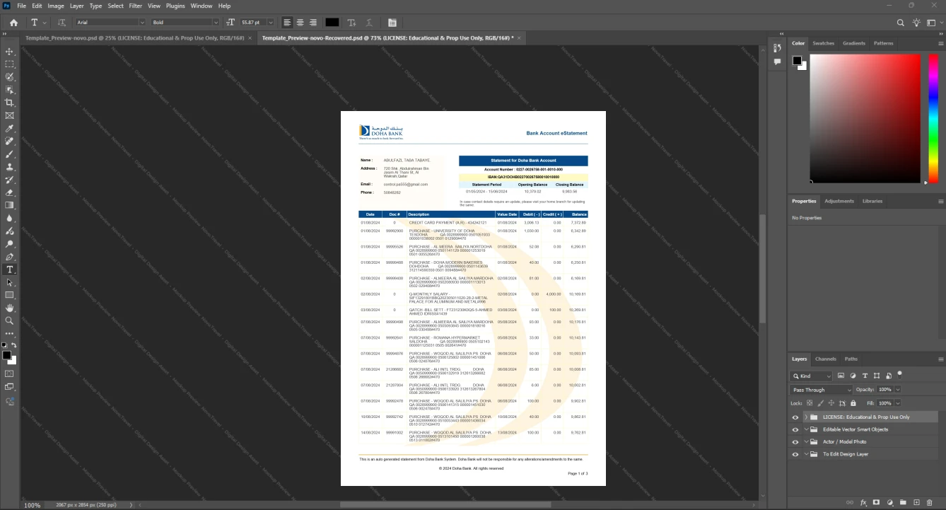 Qatar Doha Bank Bank Statement Template, Fully structured template in Word and PDF format