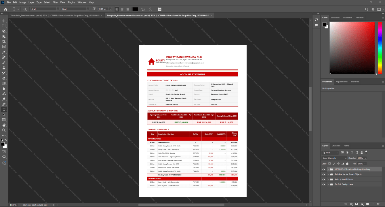 Rwanda Equity Bank Rwanda PLC Bank Statement Template, Quick edit template in Word and PDF format