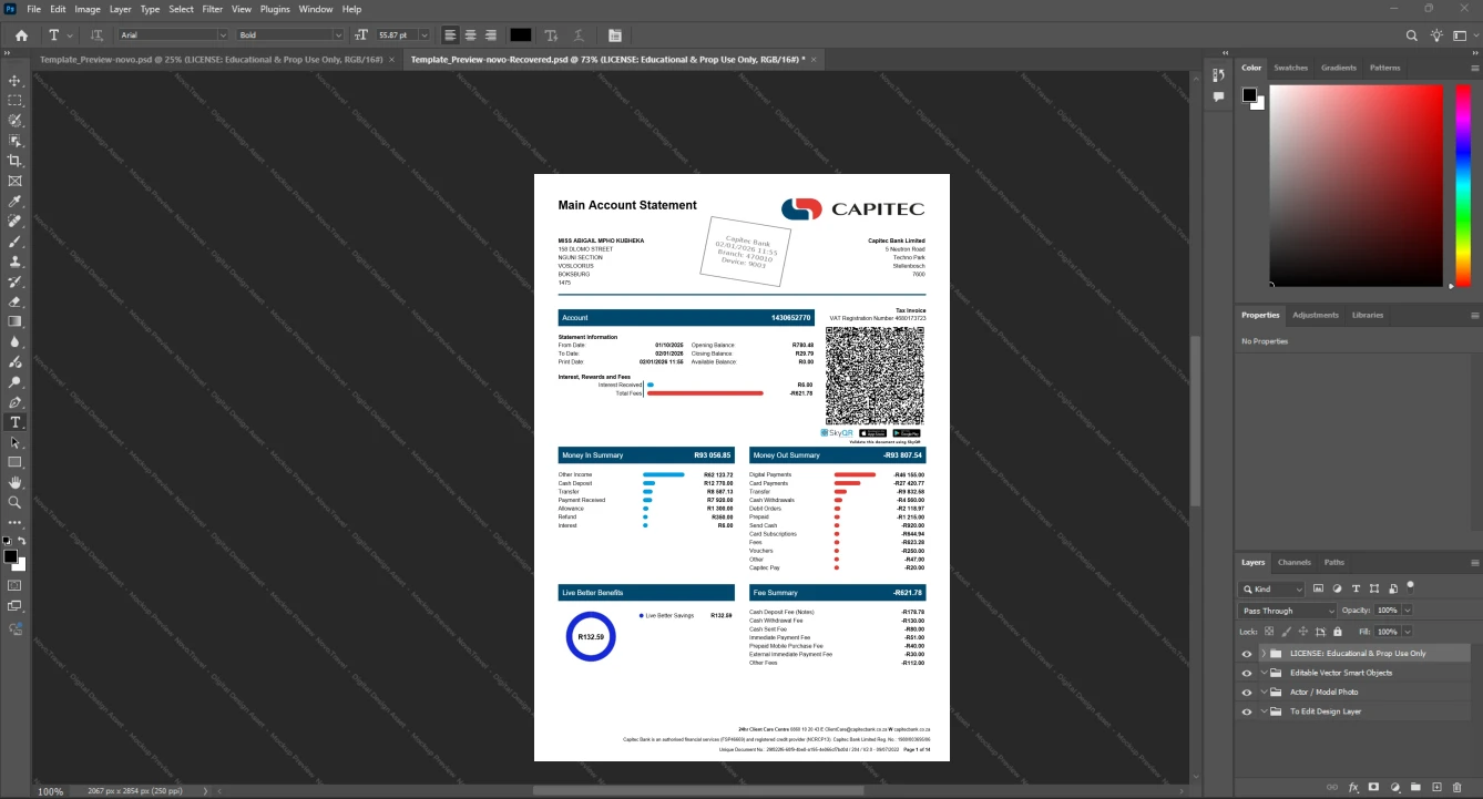 South Africa Capitec Bank Bank Statement Template, Fully structured template in Word and PDF format