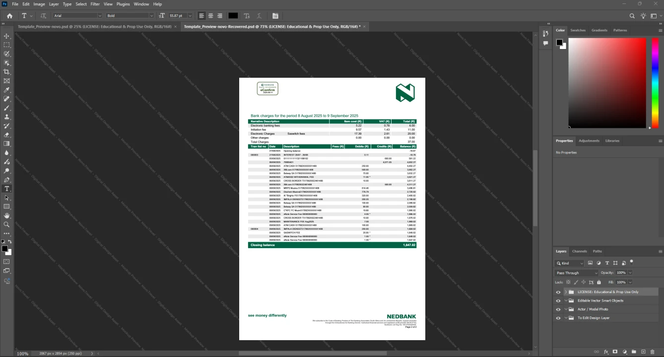 South Africa Nedbank Limited Bank Statement Template, Available in editable Word and PDF format, Page 2