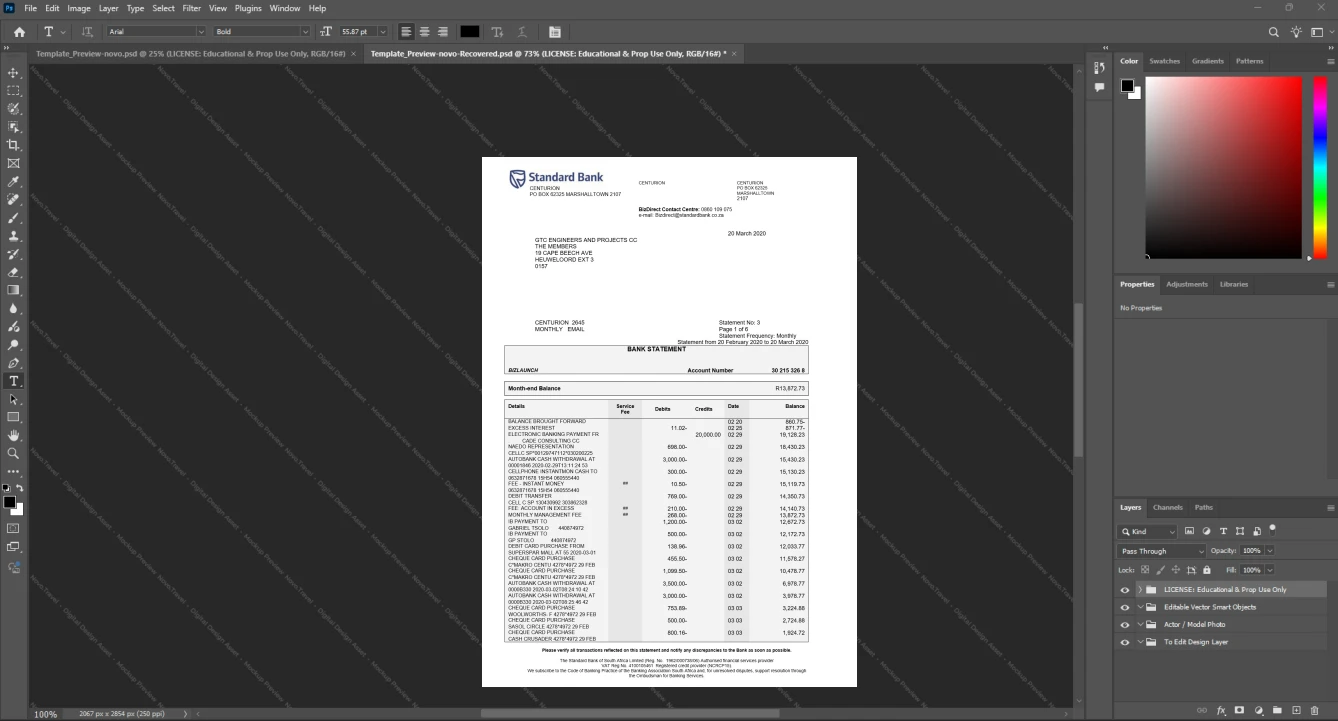 South Africa Standard Bank Business Account Statement Template, Quick edit template in Word and PDF format