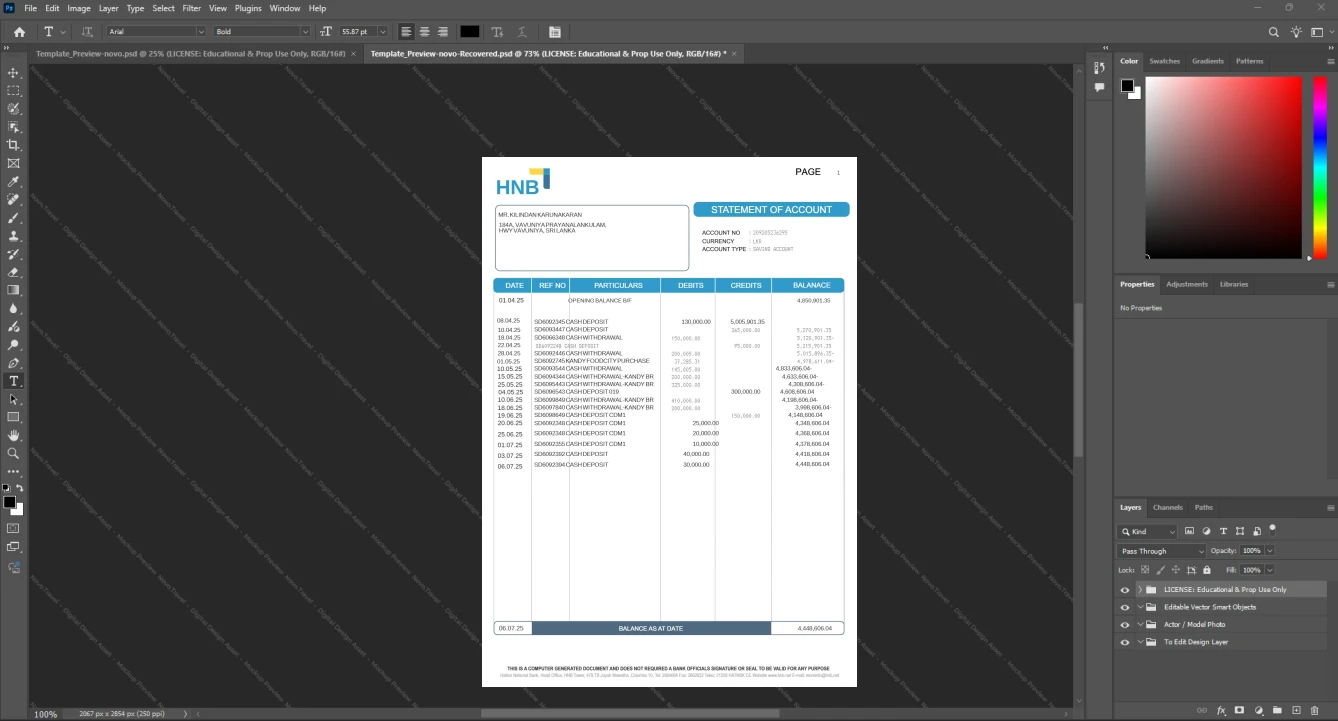 Sri Lanka Hatton National Bank HNB Bank Statement Template, Quick edit digital asset in Word and PDF