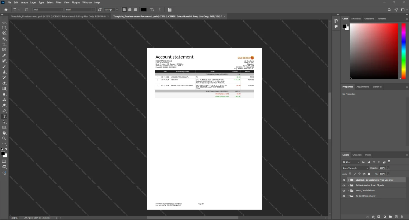 Sweden AS Swedbank Bank Statement Template, Print-ready in PDF layout