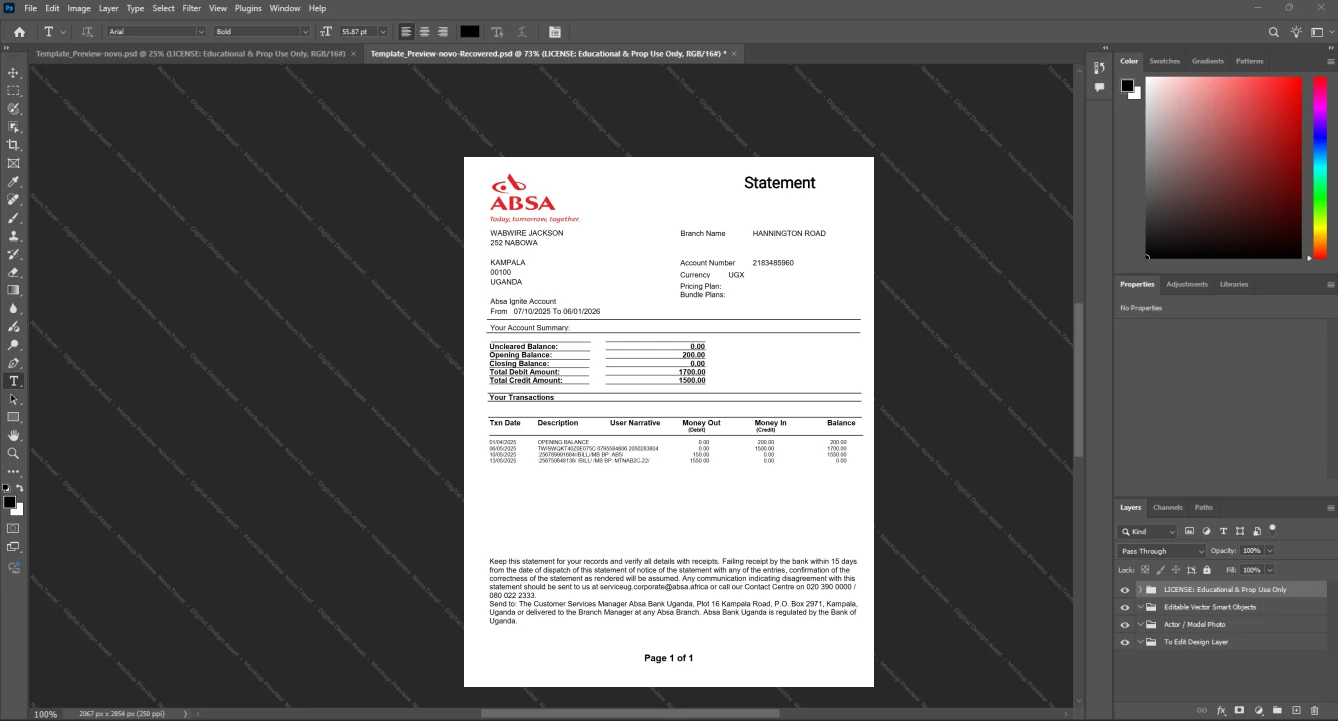 Uganda Absa Group Limited Bank Statement Template, Customizable layout available in Word and PDF