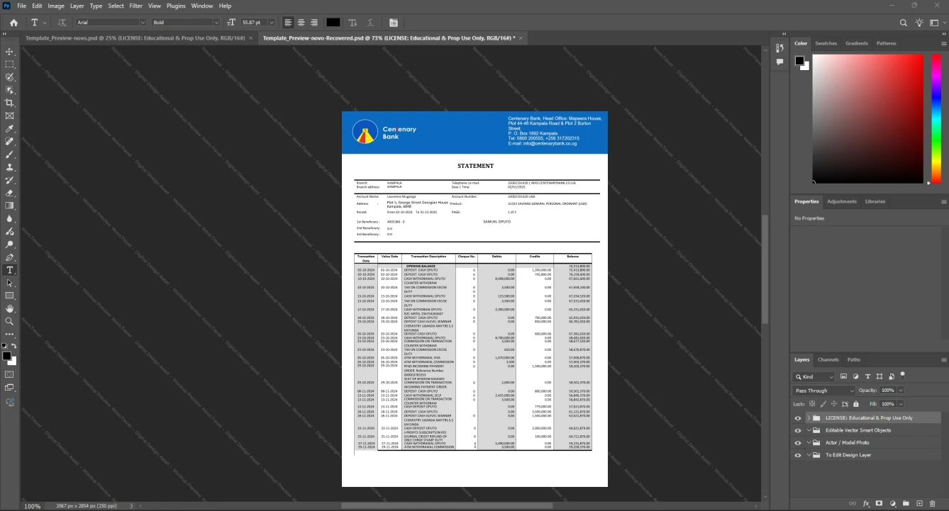 Uganda Centenary Bank Bank Statement Template, High-quality design in Word and PDF format