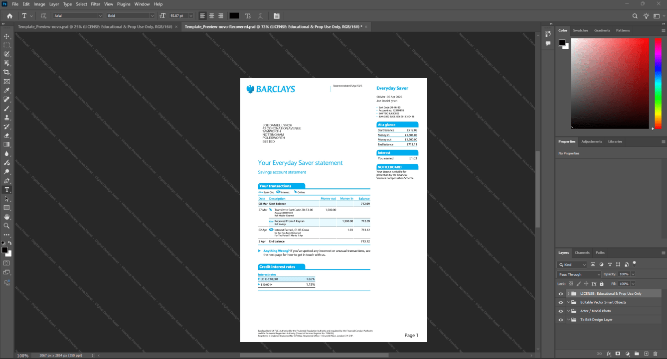 UK Barclays Bank Bank Statement Template, Easily modifiable Word and PDF format