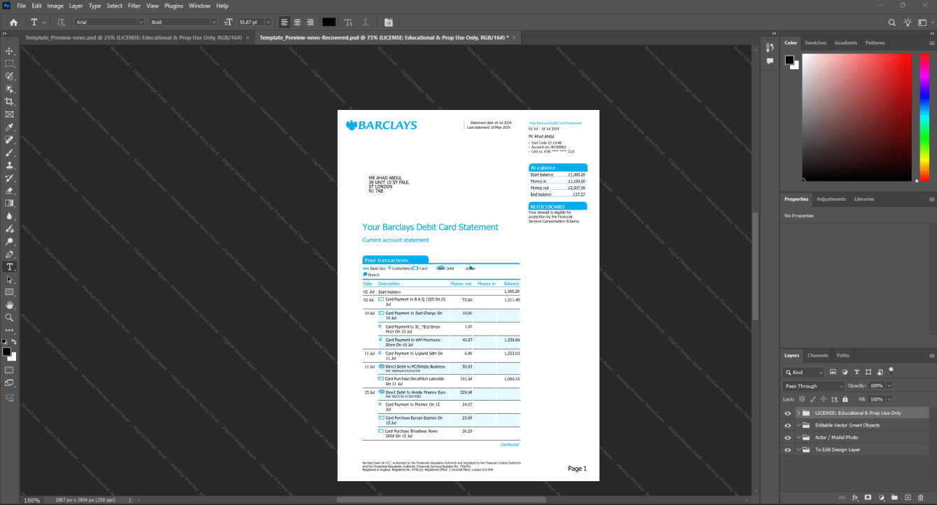 UK Barclays Bank Statement Template, Quick edit digital asset in Word and PDF