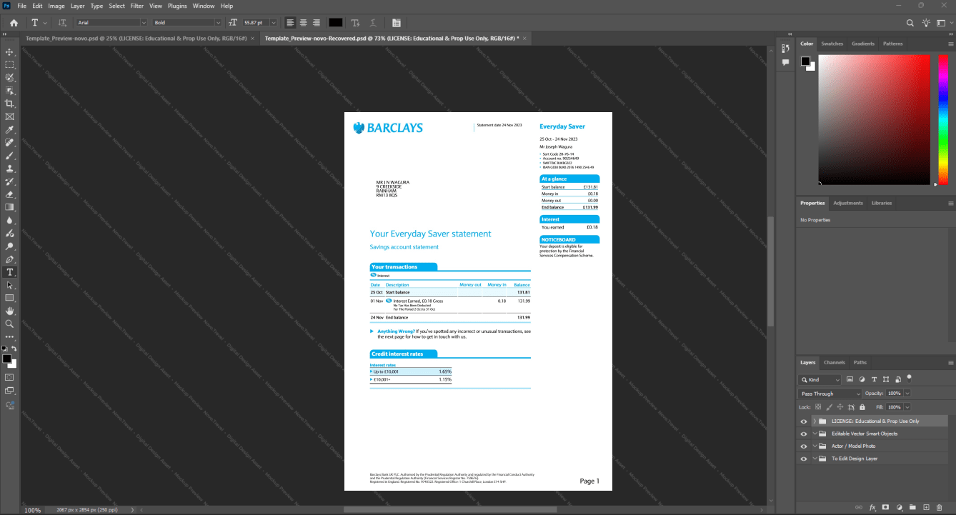 UK Barclays Bank Statement Template, Easily modifiable Word and PDF format, Page 2