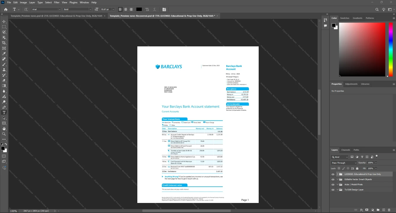 UK Barclays Bank Statement Template, Fully structured template in Word and PDF format