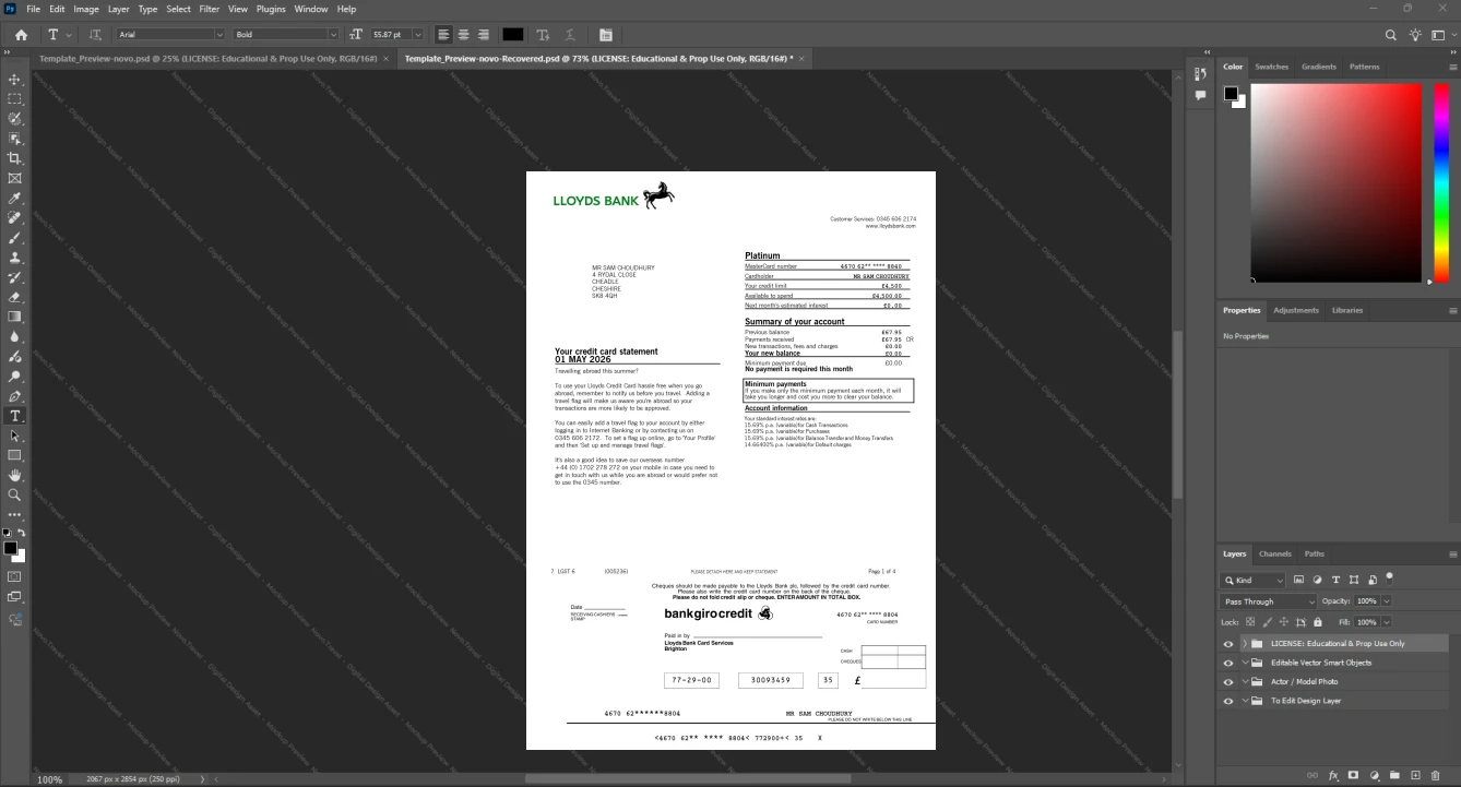 UK Lloyds Bank Credit Card Statement Template, Customizable layout available in Word and PDF