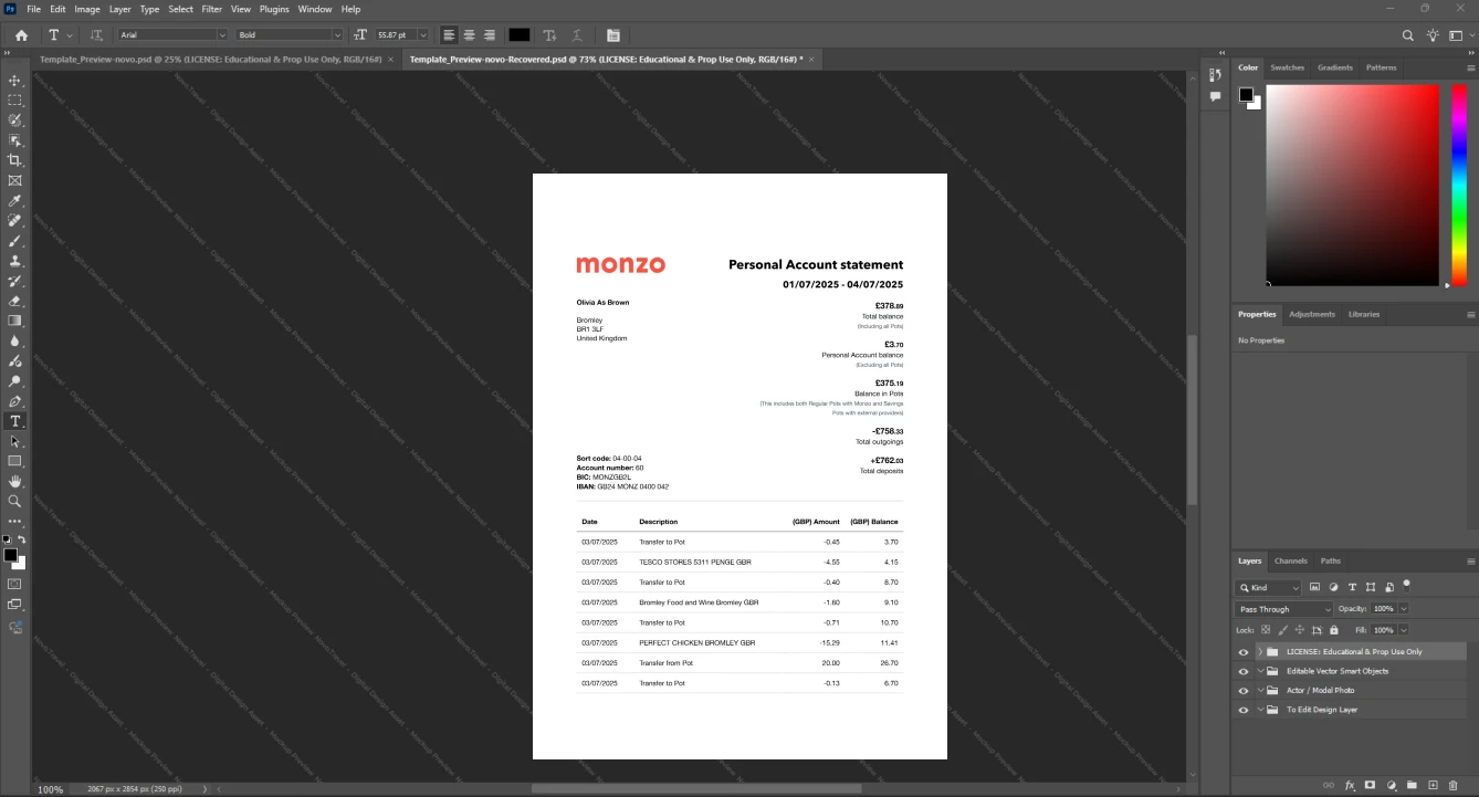 UK Monzo Bank Ltd Bank Statement Template, High-quality template in Word and PDF format