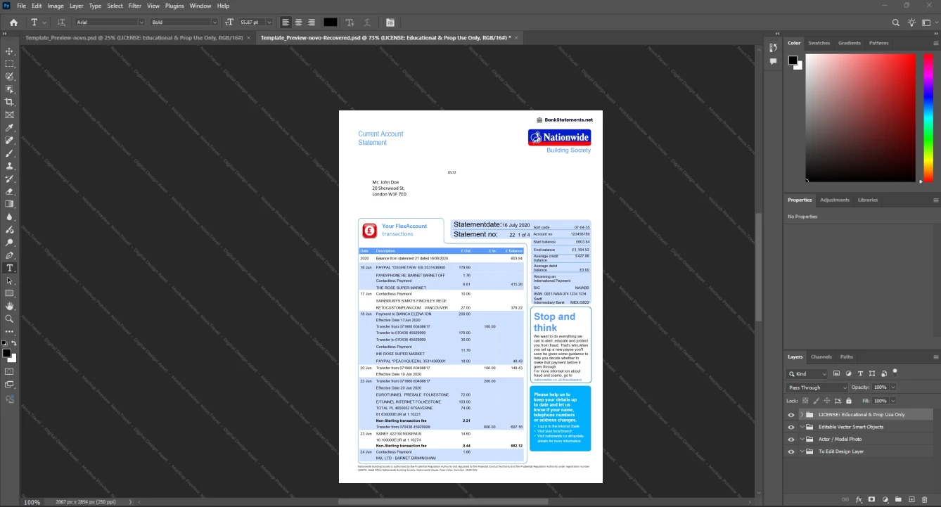 UK Nationwide Building Society Bank Statement Template, Standard printable layout in Word and PDF