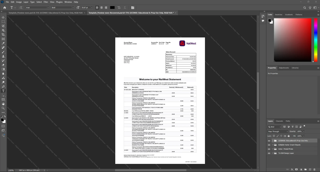 UK NatWest Bank Statement Template, printable document in Word and PDF format