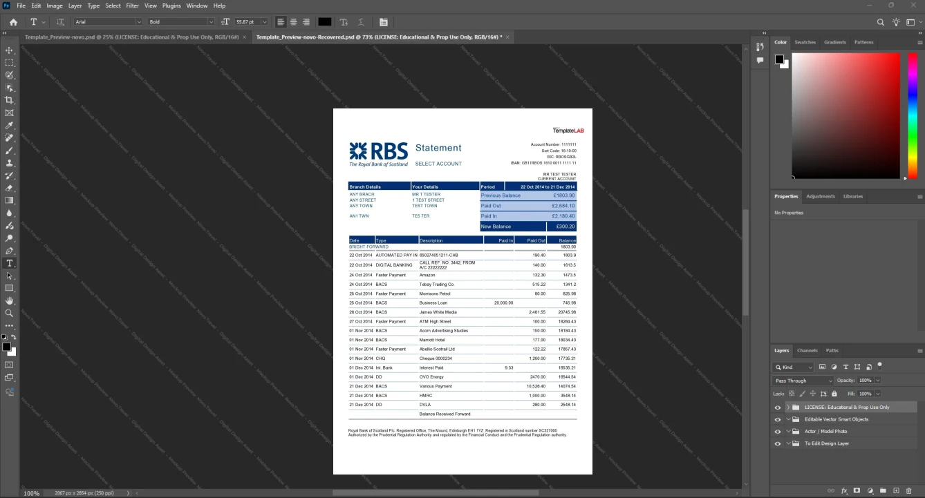 UK The Royal Bank of Scotland RBS Bank Statement Template, Fully structured template in Word and PDF format