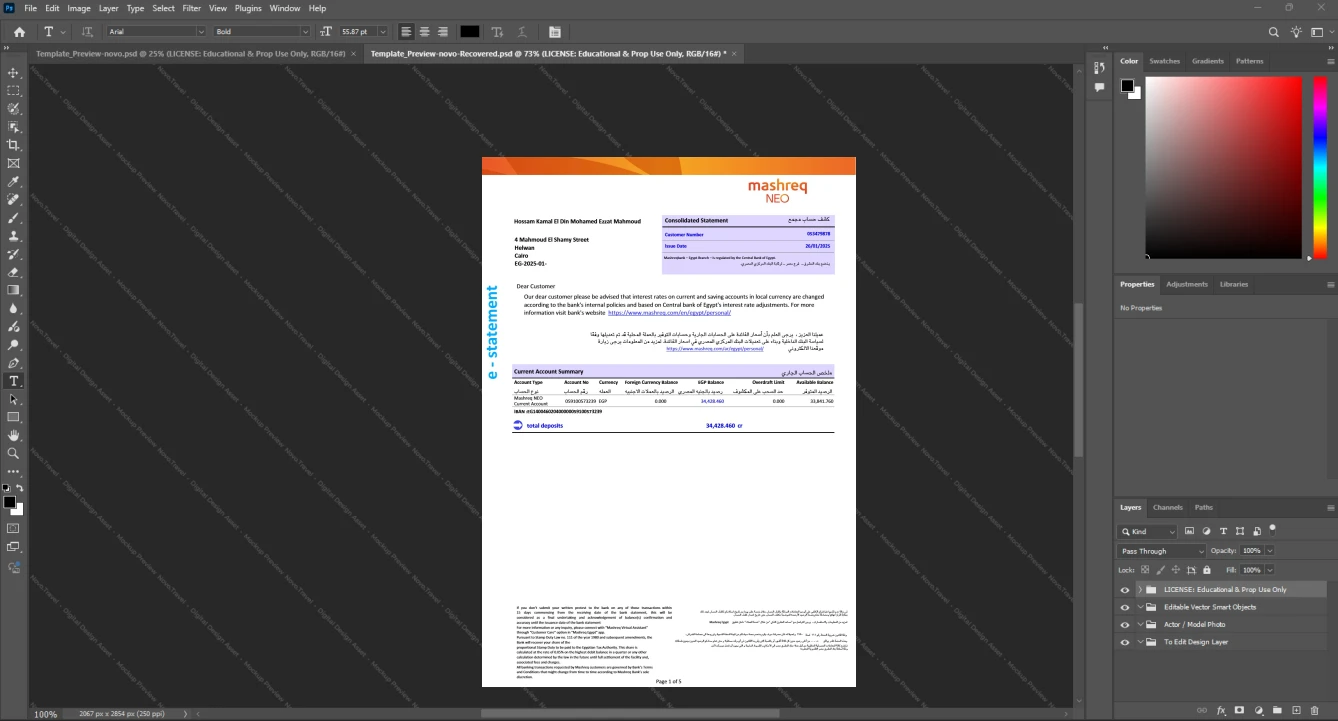 United Arab Emirates Mashreqbank Bank Statement Template, Corporate style document in Word and PDF formats