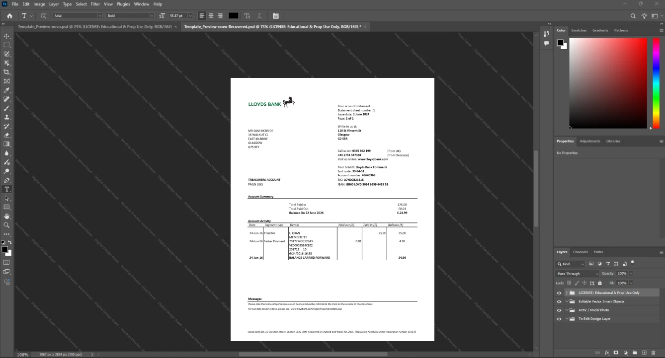 United Kingdom Lloyds Bank Bank Statement Template, Quick edit template in Word and PDF format