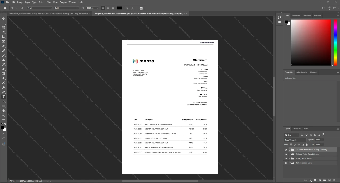 United Kingdom Monzo Bank Bank Statement Template, Clean typography design in Word and PDF format