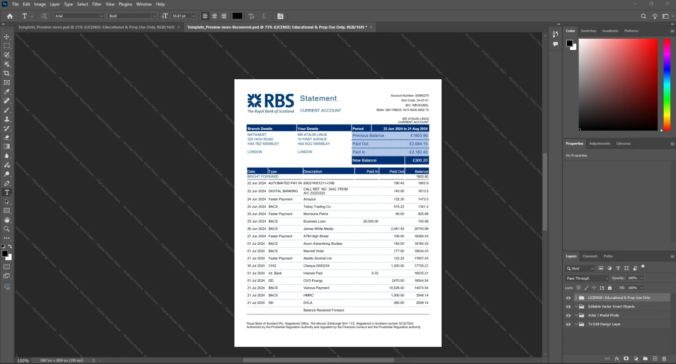 United Kingdom Royal Bank of Scotland RBS Bank Statement Template, Print-ready in PDF layout