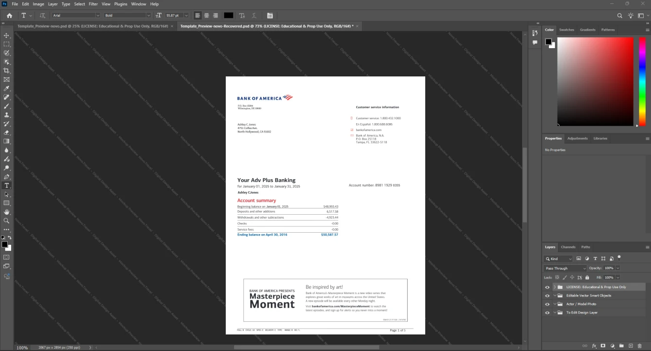 USA Bank of America Bank Statement Template, High-quality template in Word and PDF format
