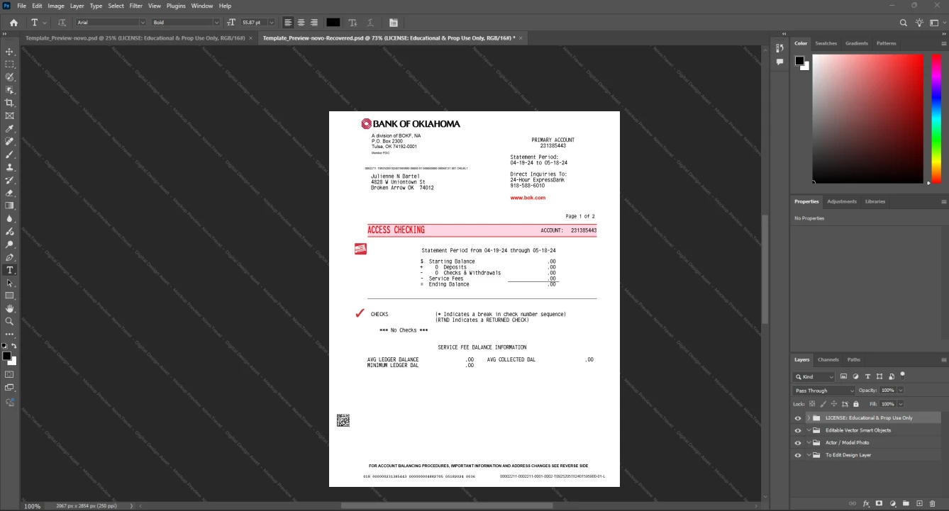 USA Bank of Oklahoma BOKF NA Bank Statement Template, Available in editable Word and PDF format