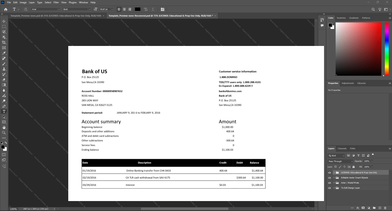 USA Bank of US Bank Statement Template, Customizable document in Word and PDF format