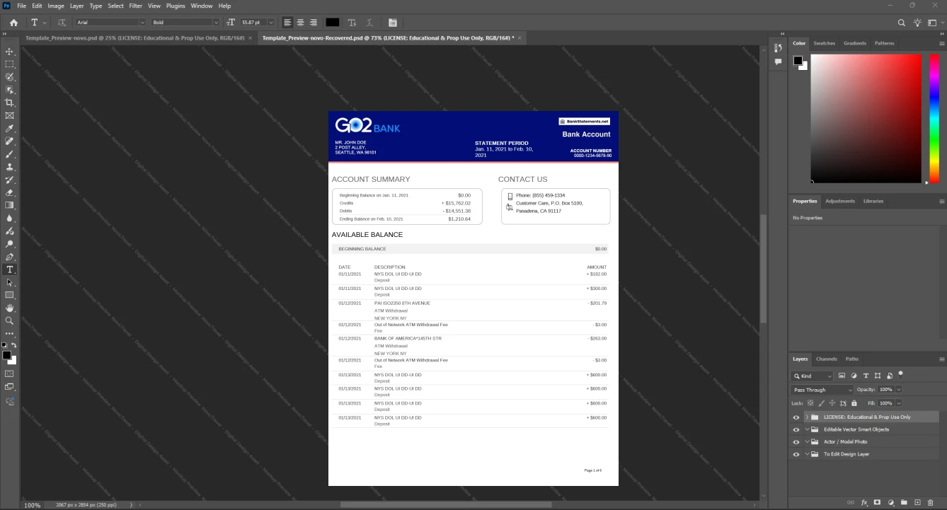 USA GO2bank Bank Statement Template, Ready to use template in Word and PDF