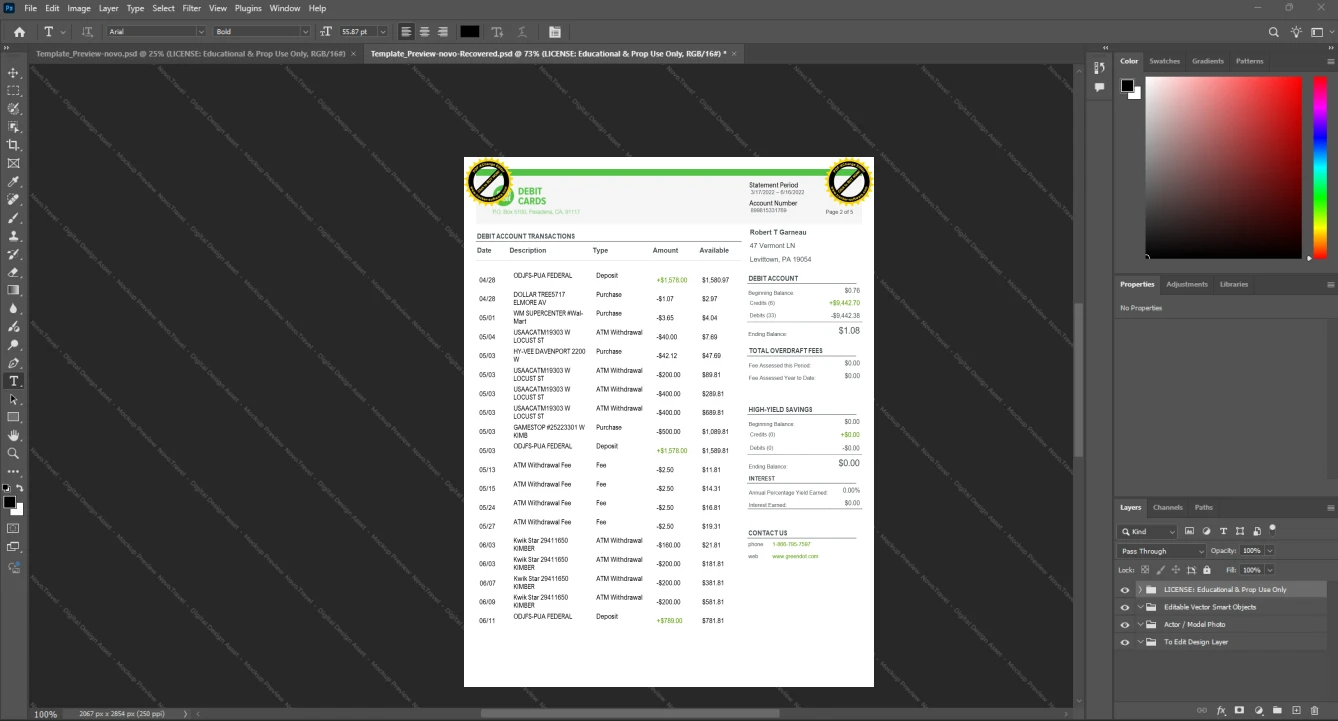 USA Green Dot Bank Bank Statement Template, Customizable layout available in Word and PDF, Page 2