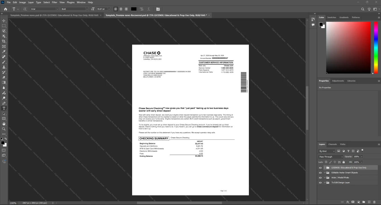 USA JPMorgan Chase Bank Bank Statement Template, Quick edit template in Word and PDF format