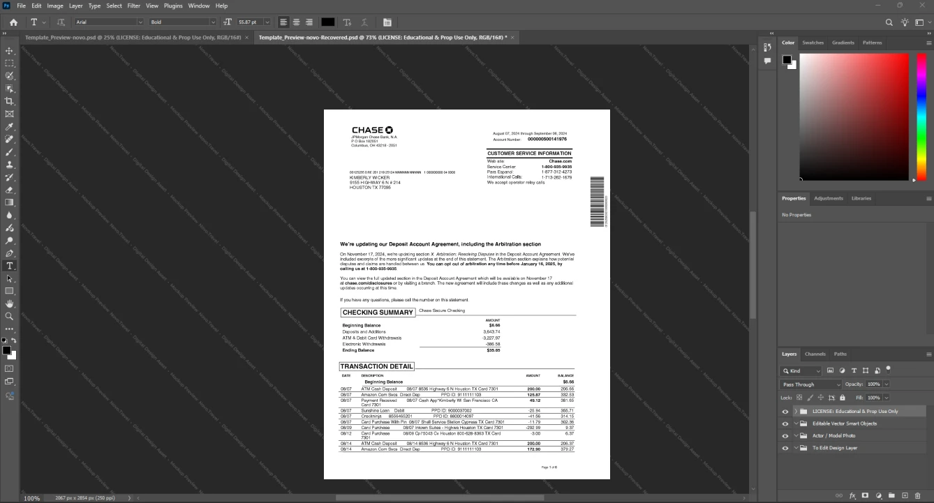 USA JPMorgan Chase Bank JPMC Bank Statement Template, Professional document in Word and PDF format