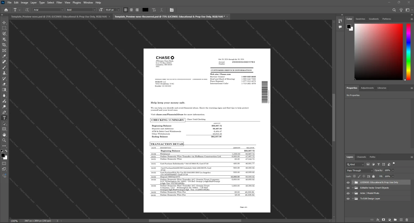 USA JPMorgan Chase Chase Bank Statement Template, Fully editable Word and PDF format