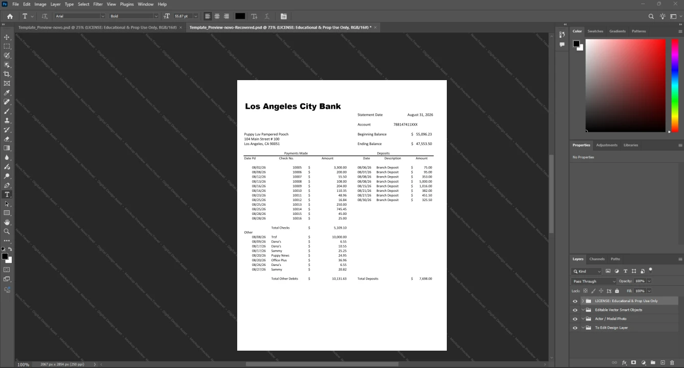 USA Los Angeles City Bank Bank Statement Template, Ready to use template in Word and PDF