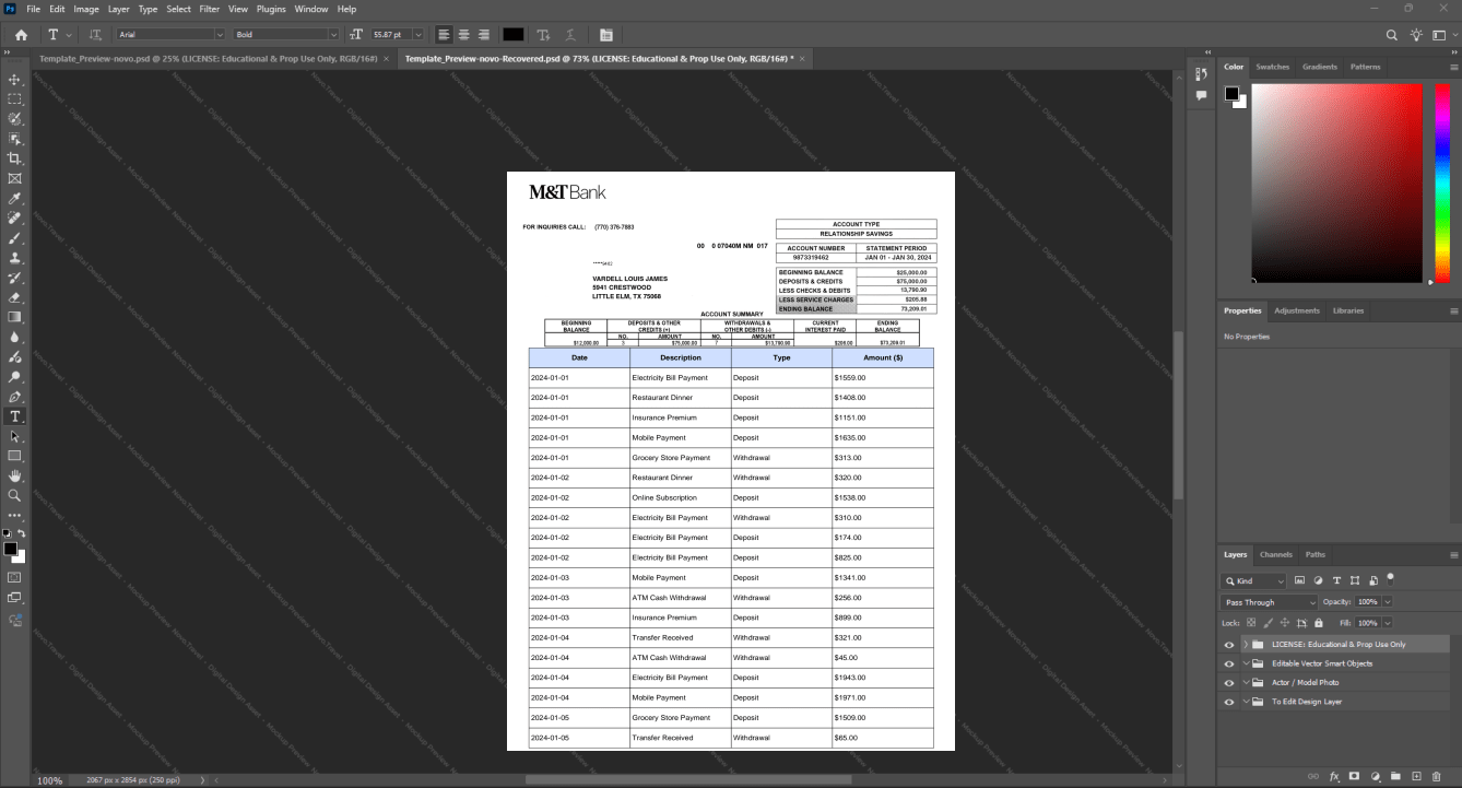 USA M and T Bank Bank Statement Template, Blank template in Word and PDF format