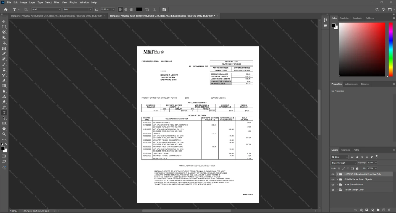 USA M T Bank Bank Statement Template, Digital download template in Word and PDF