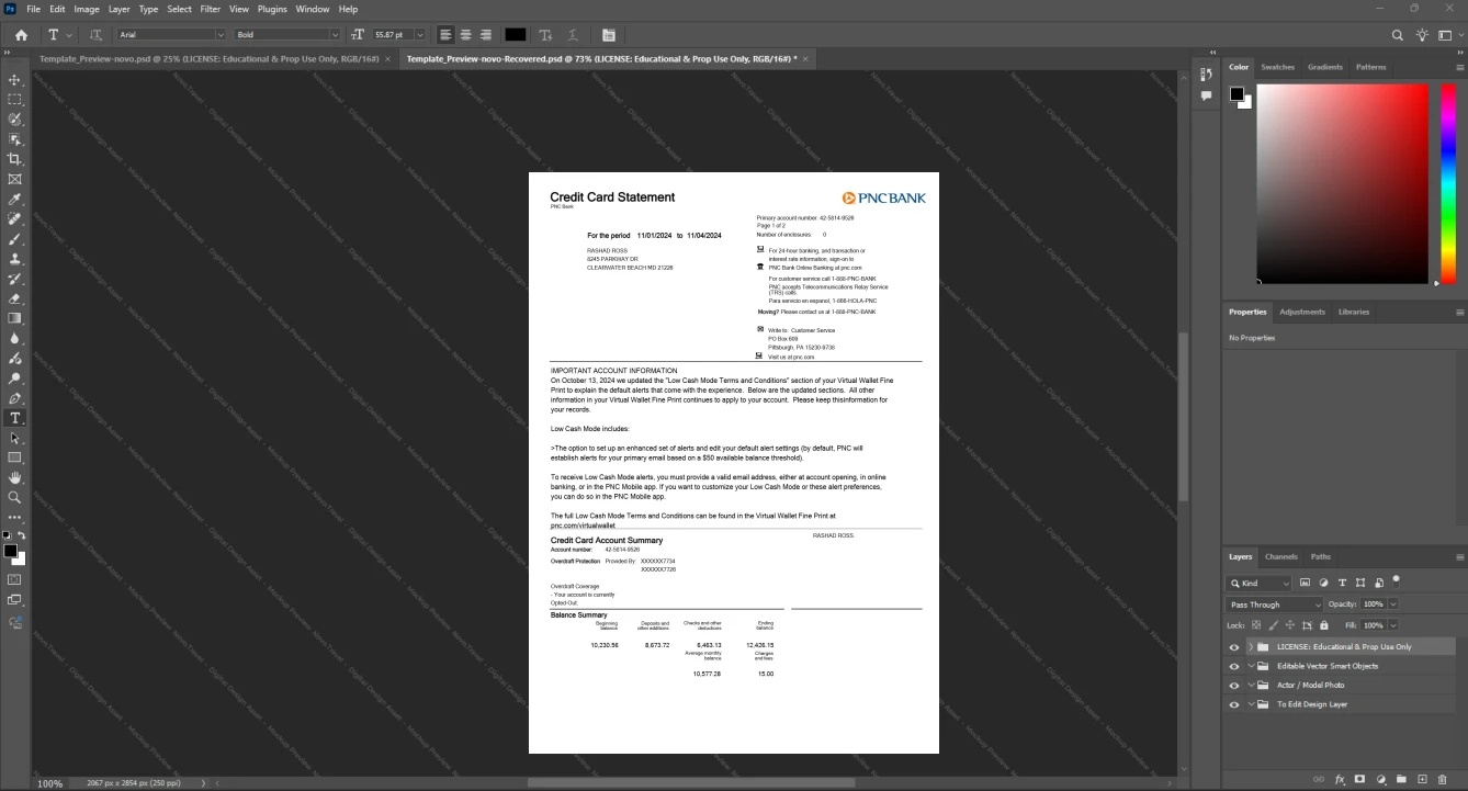 USA PNC Bank PNC Credit Card Statement Template, Print-ready in PDF layout