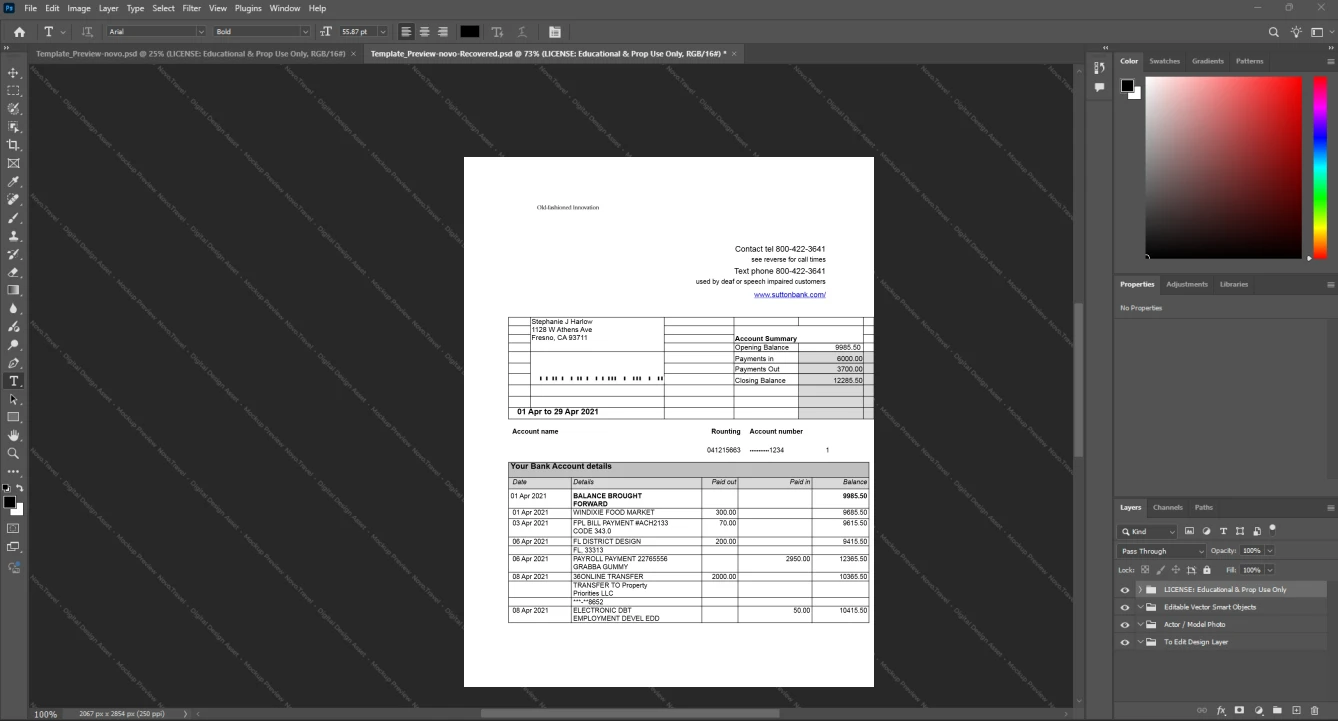 USA Sutton Bank Bank Statement Template, Customizable layout available in Word and PDF