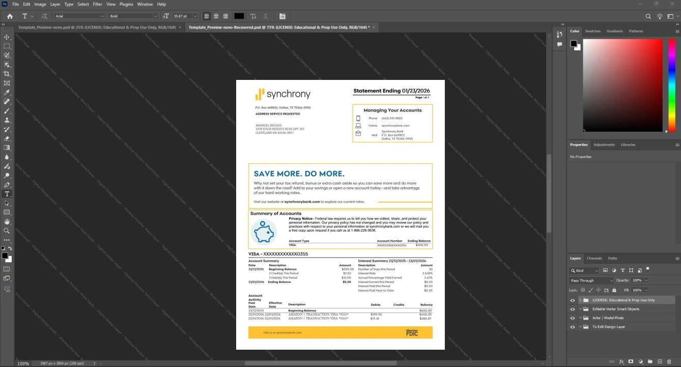 USA Synchrony Bank Bank Statement Template, Customizable document in Word and PDF format