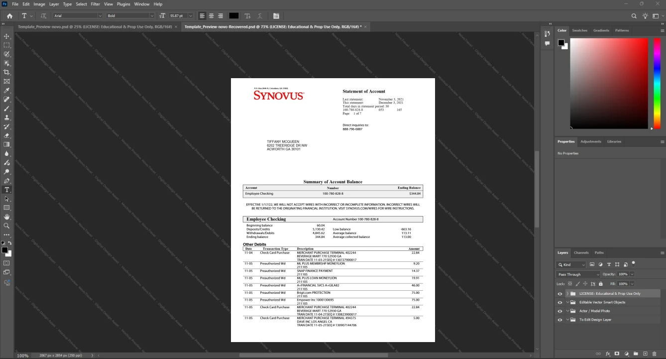 USA Synovus Bank Bank Statement Template, Quick edit template in Word and PDF format