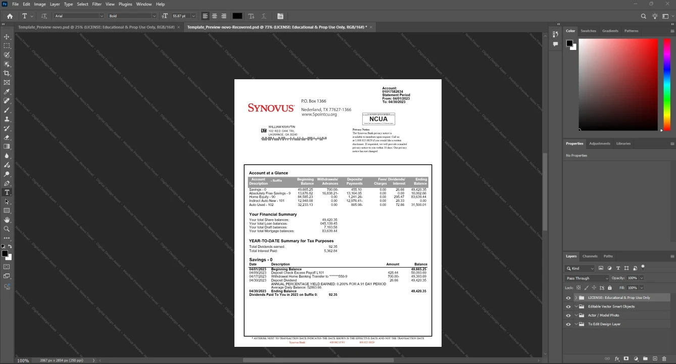 USA Synovus Bank Bank Statement Template, Premium editable file in Word and PDF formats