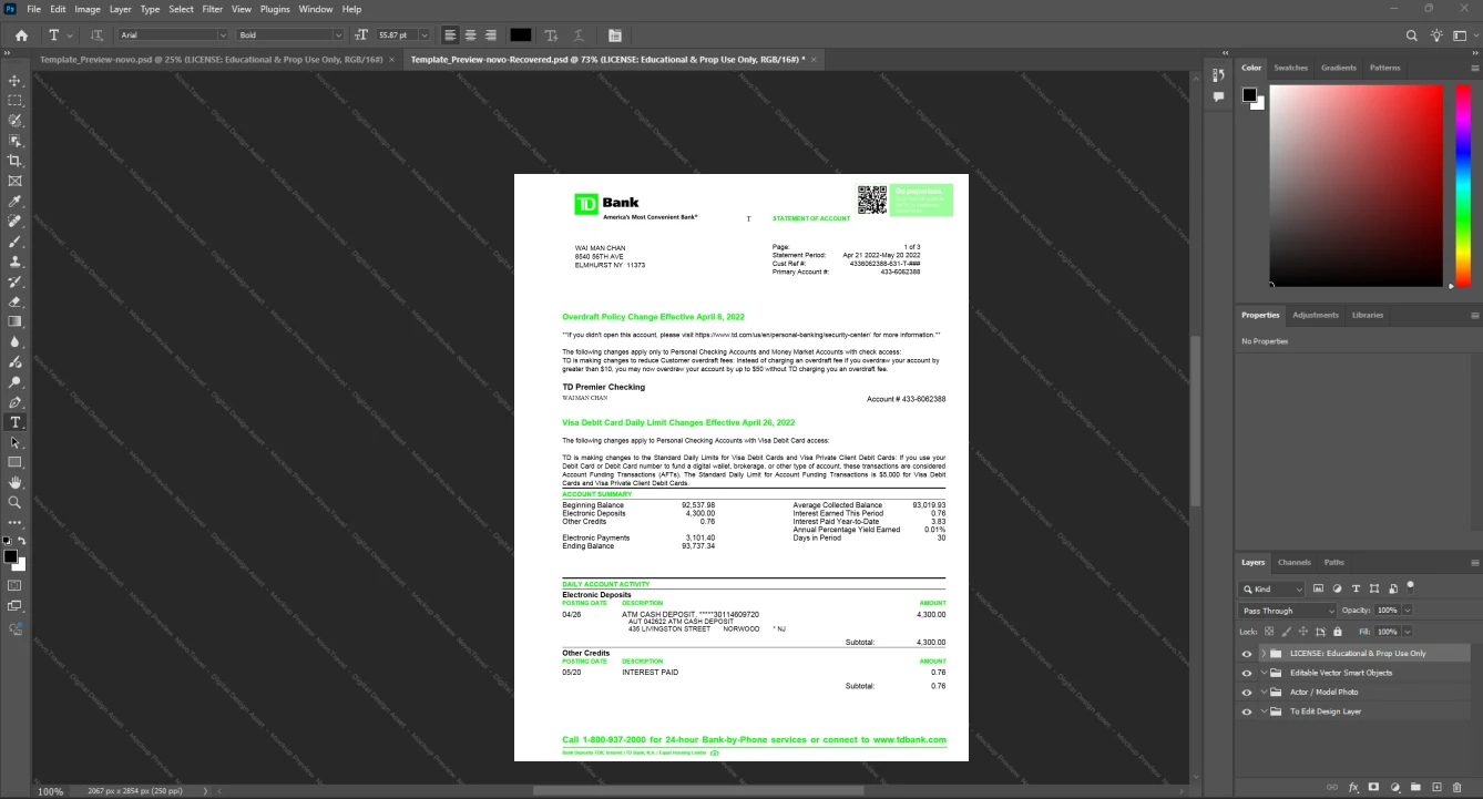 USA TorontoDominion Bank TD Bank Statement Template, Customizable document in Word and PDF format