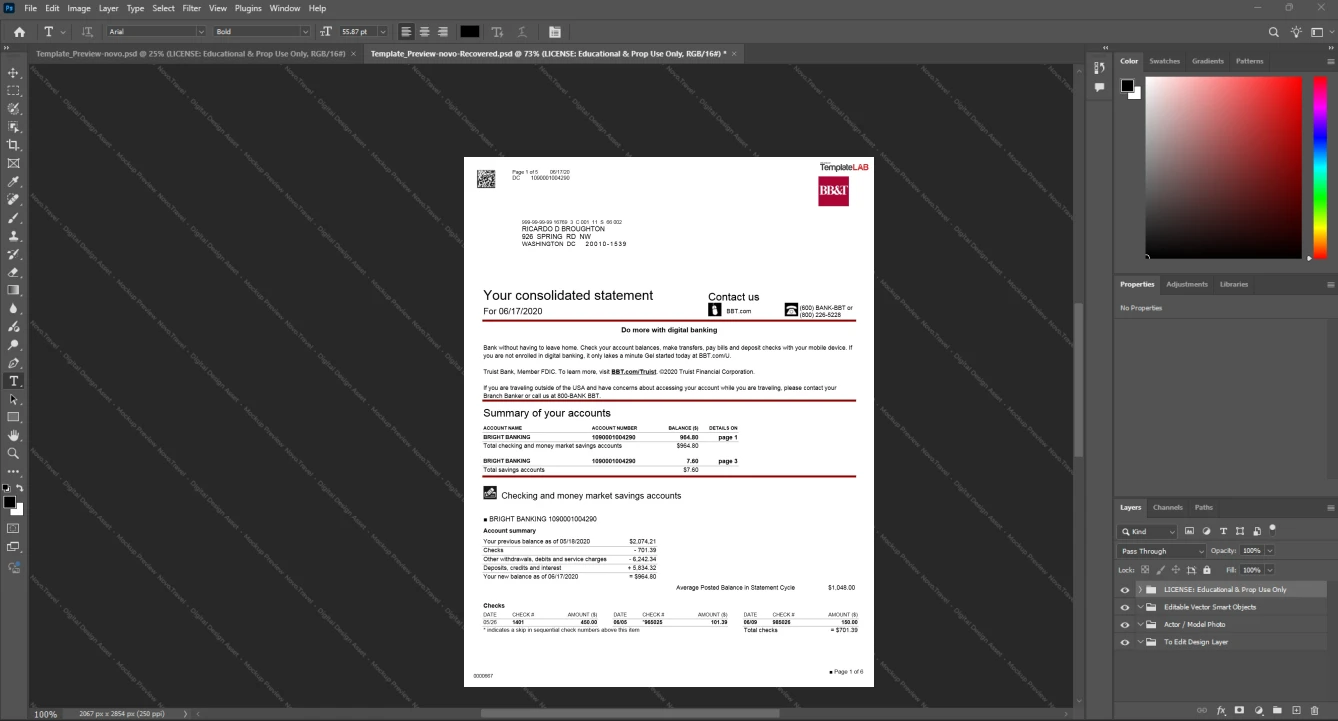 USA Truist Financial Corporation BB T Bank Statement Template, Digital download file preview