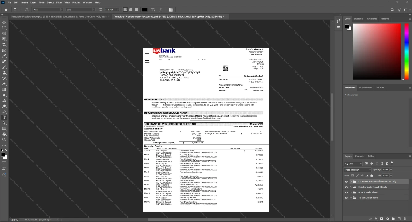 USA U S Bank Business Account Statement Template, Digital download file preview