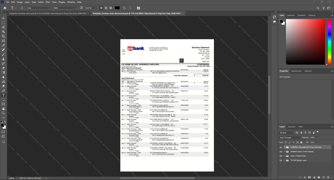 USA U S Bank Business Account Statement Template, Ready to print in Word and PDF format, Page 3