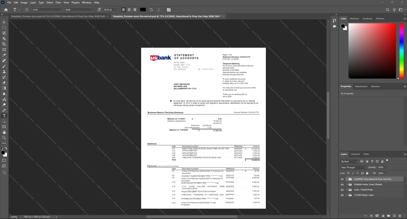 USA Union Bank Bank Statement Template, Quick edit digital asset in Word and PDF