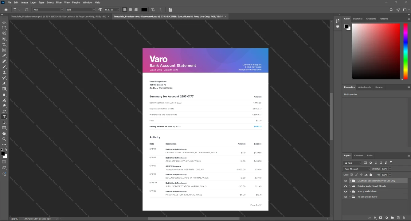 USA Varo Bank Bank Statement Template, Premium editable file in Word and PDF formats