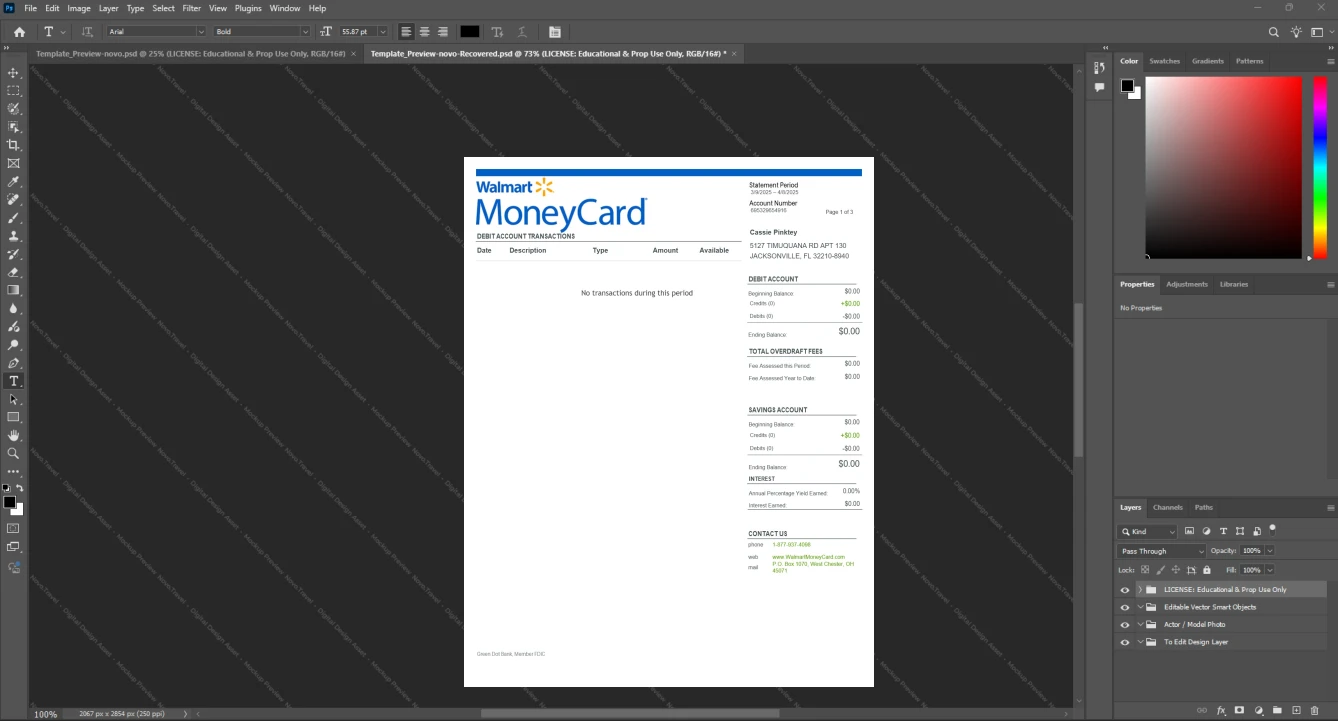 USA Walmart Money Card Bank Statement Template, Ready to use template in Word and PDF
