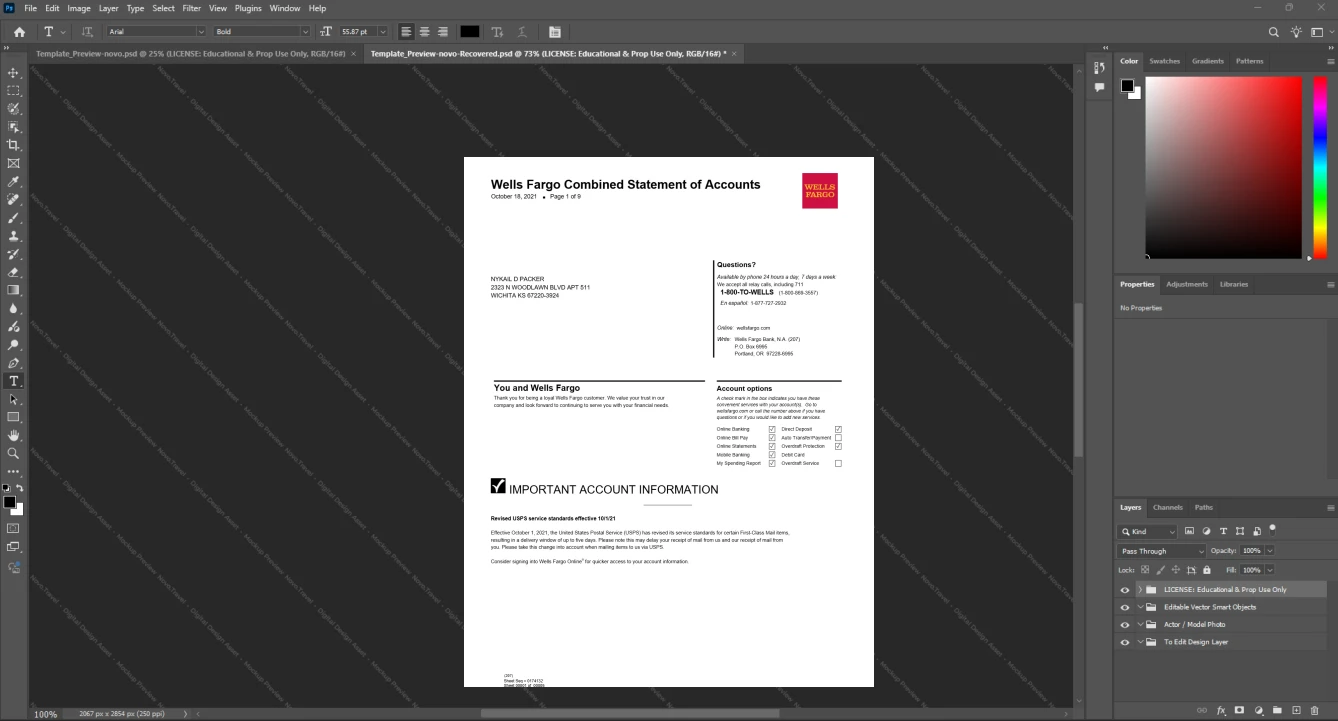 USA Wells Fargo Bank Statement Template, Standard layout in DOCX and PDF