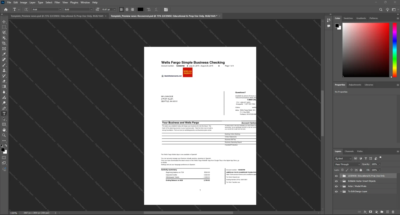 USA Wells Fargo Business Account Statement Template, Print-ready in PDF layout