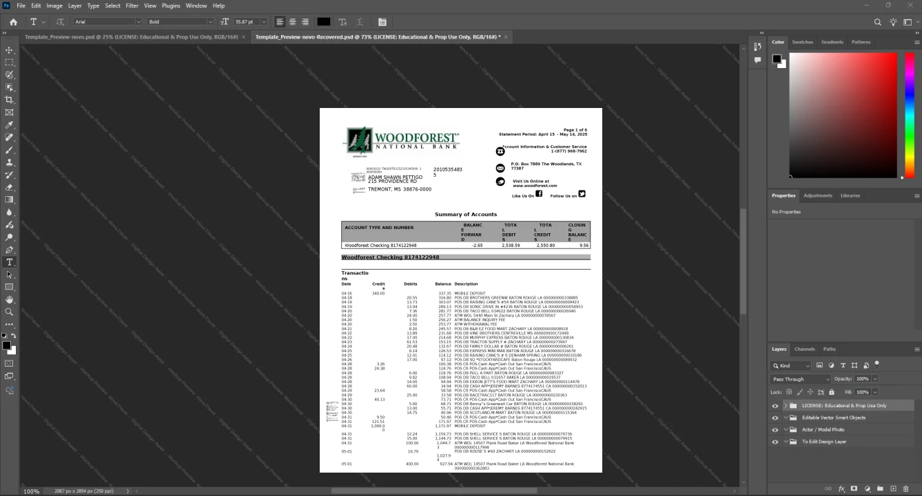 USA Woodforest National Bank Bank Statement Template, Fully structured template in Word and PDF format
