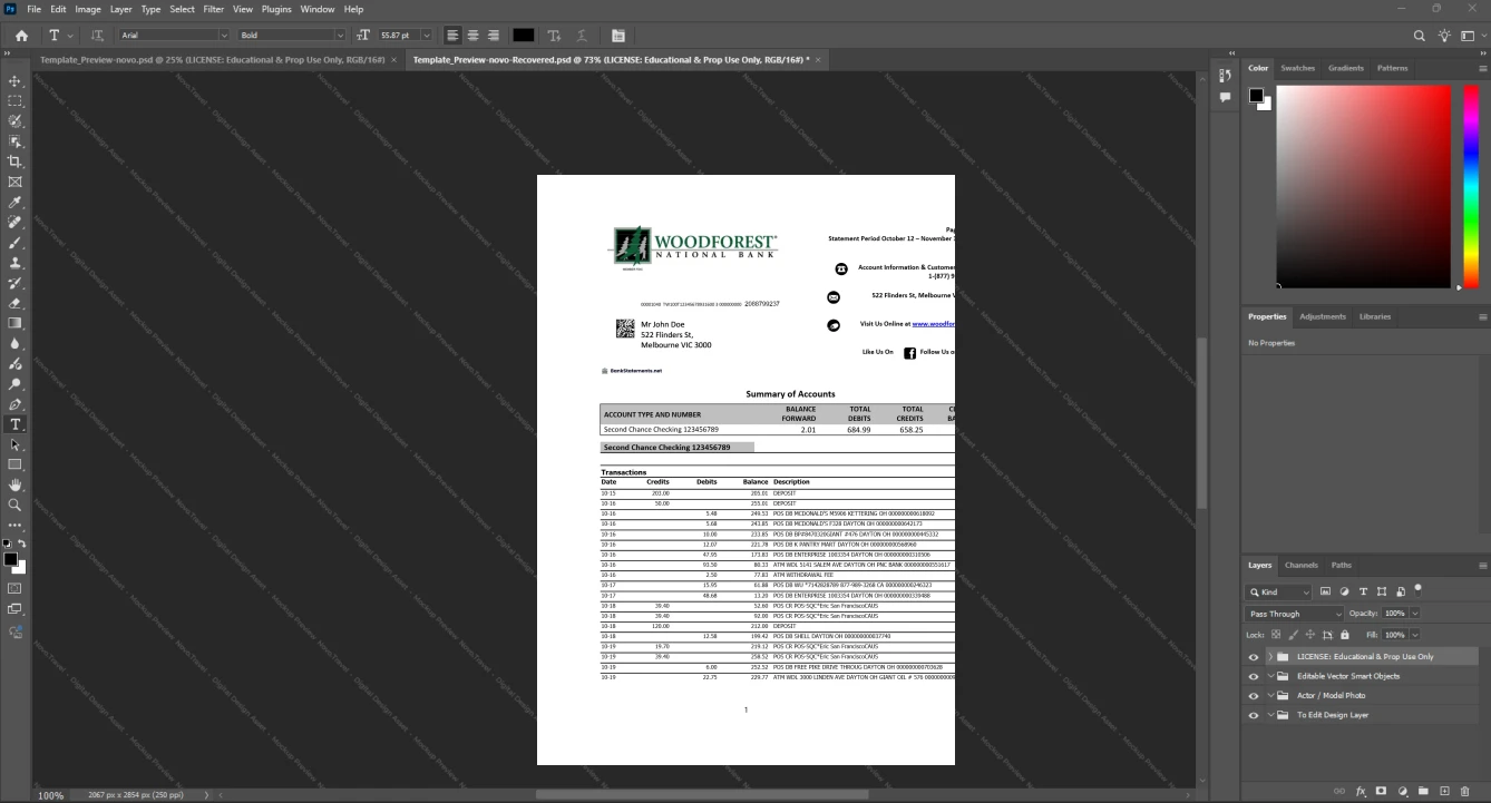 USA Woodforest National Bank Bank Statement Template, Standard layout in DOCX and PDF