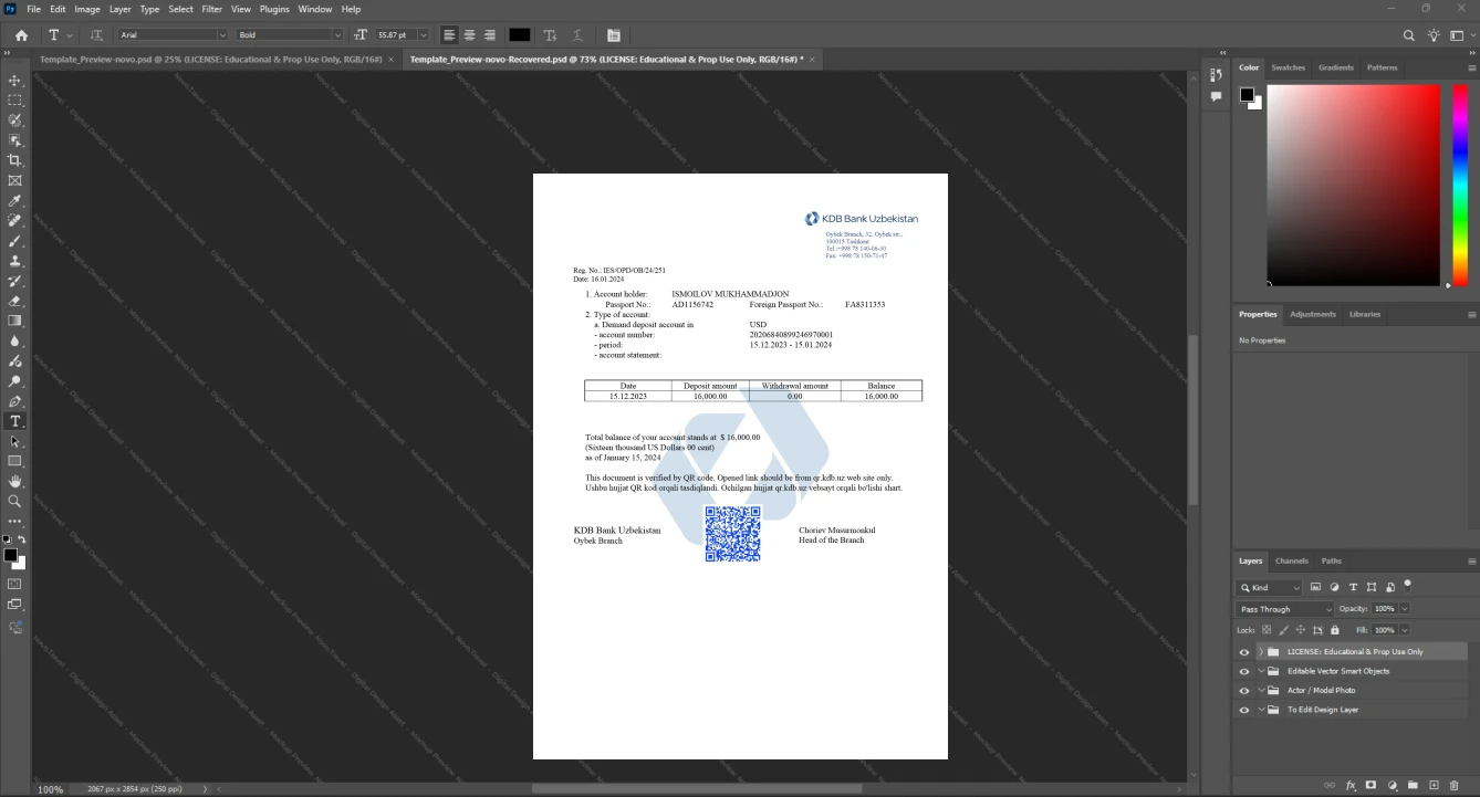 Uzbekistan KDB Bank Bank Statement Template, High-quality design in Word and PDF format